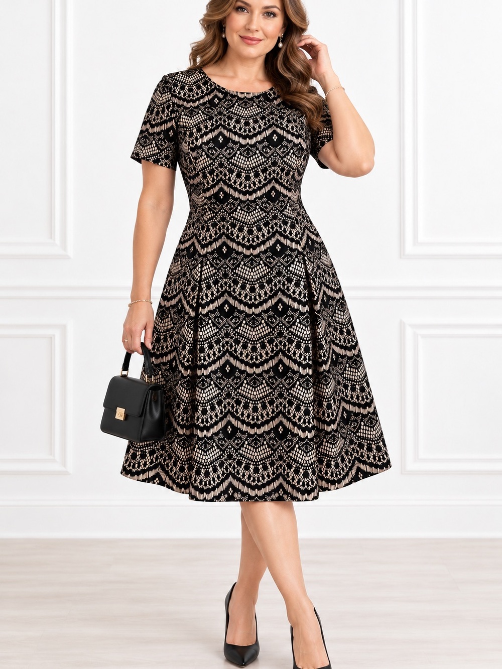 NWT Vince Camuto Size 12 Black Nude Velvet Flocked Fit & Flare Dress Pocket